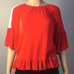 SOLUS VERY STRETCHY RED BELL-SLEEVE RUFFLED TOP
